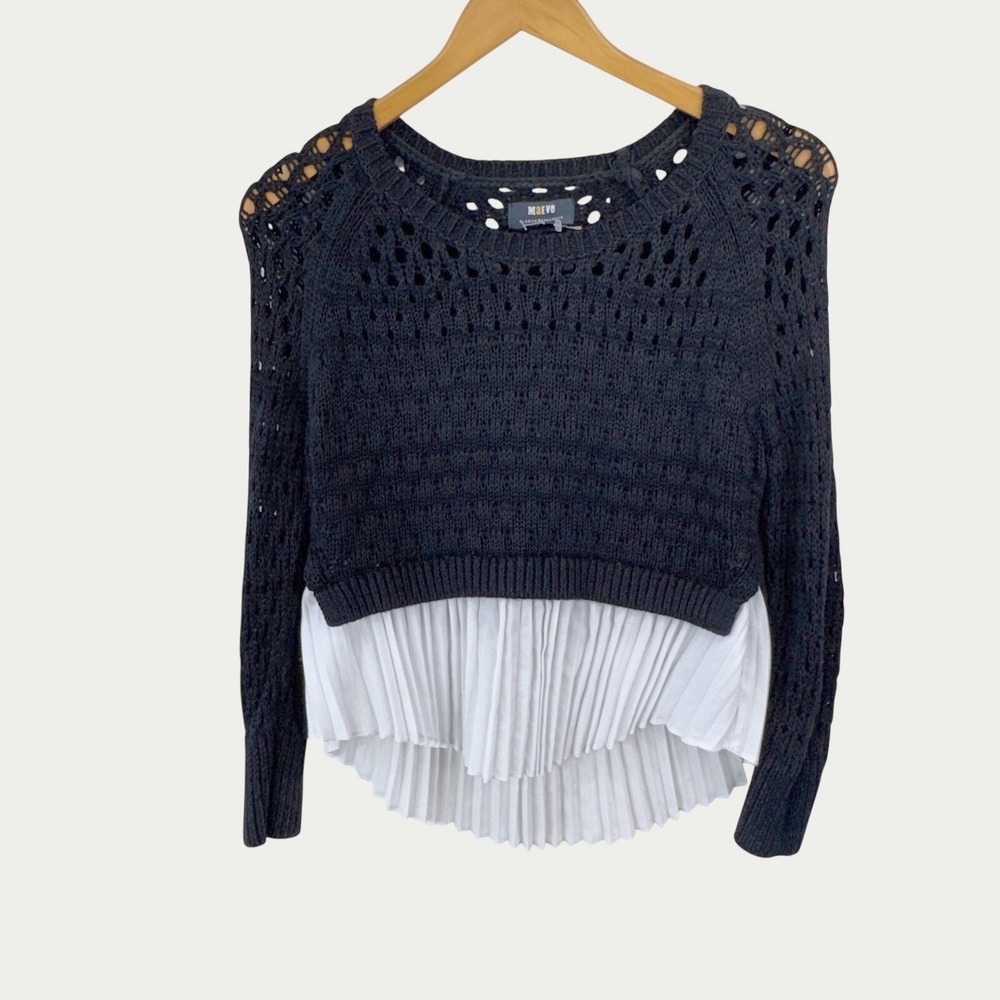 Maeve Anthropologie Sweater XS Black White Pleated Mixed Media Crochet Knit Boho
